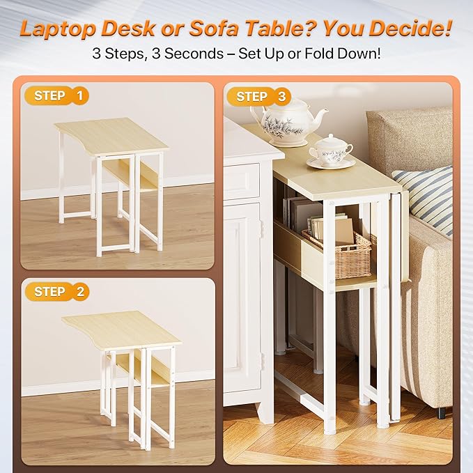 Huuger Folding Desk with Storage Shelf, 31.5 Inch Foldable Computer Table for Small Spaces, Space Saving Sofa Table for Couch, Writing Work Office Computer Desk, Easy to Fold, Oak