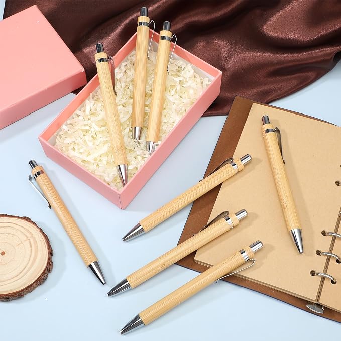 100 Pcs Bamboo Pens Bulk, Wooden Retractable Ballpoint Pens with Engraving for Customizable Gifts, Office Supplies and Writing