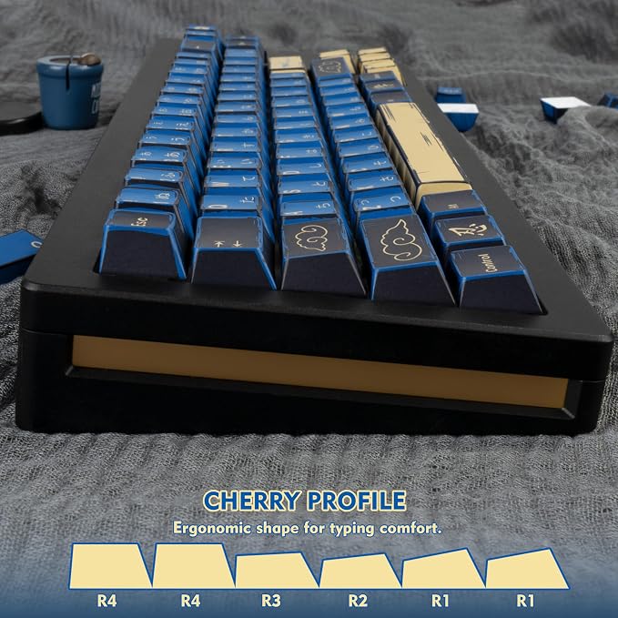 Blue Samurai Manga Japanese Themed Keycaps 130 Keys, Cherry Profile PBT Custom Key Caps Set, Dye Sublimation Keyboard Keycaps for Cherry Gateron MX Switches Mechanical Keyboard