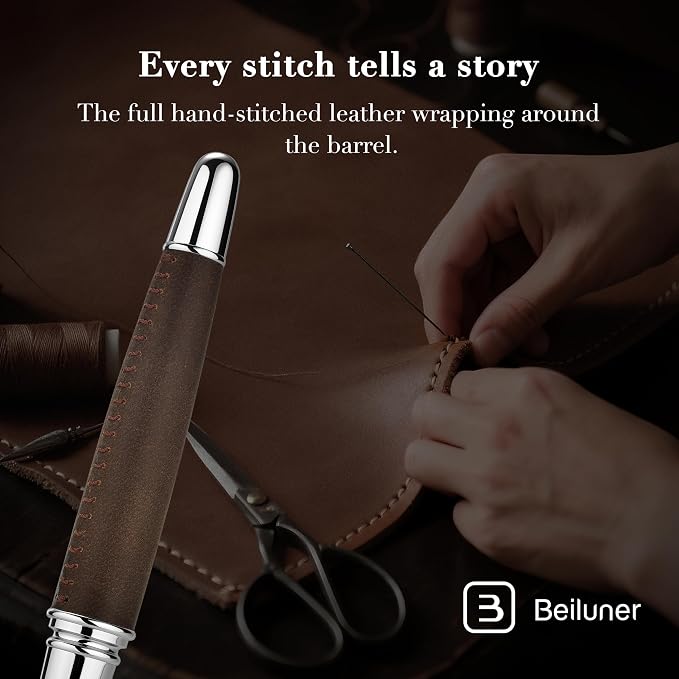 BEILUNER 318 Luxury Leather Pen, Full Grain Oil Tan Crazy Horse Cowhide Leather, Chrome-Plated Finish, Smooth Black Ink Refill, Best Rollerball Gift for Men & Women,Executive, Professional, Nice Pens