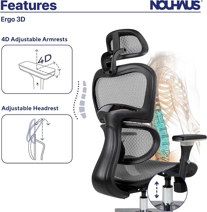 Nouhaus Ergo3D Ergonomic Office Chair Grey | Dynamic Lumbar Support, Mesh High Back, 4D Armrests, Adjustable Headrest, Aluminum Base, BIFMA, SGS, 2 Sets of Wheels