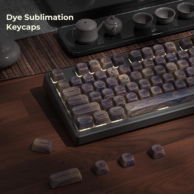 OHY XVX Wood Keycaps,MOA PBT Keycaps Dye-Sublimation 130 pcs Keycap Set for Mechanical Keyboard 61/64/75/84/87/104/108 Layout with Key Puller, Walnut Textures