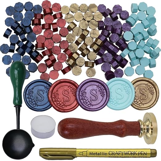 Initial Alphabet S Wax Seal Stamp Set, Retro Letter Sealing Stamp with 150Pcs Sealing Wax Beads in 5 Color, Melt Non Slip Spoon Pen Kit for Wedding and Christmas (S)