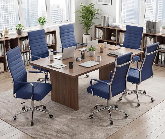 JOMEED Office Desk Chair,Conference Room Chair,High Back PU Leather Swivel | Modern Executive Ribbed Design, Ergonomic, Height Adjustable, Wheels and Arms, for Home Office(Blue-Silver Frame)