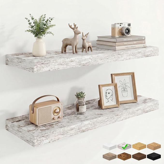 30in Floating Shelves for Wall, 30"W x 9.25"D x 1.25"H, 2 Pack Long Wall Mounted Engineered Wood Shelves with Invisible Brackets for Living Room, Bedroom, Bathroom, Kitchen, Vintage White