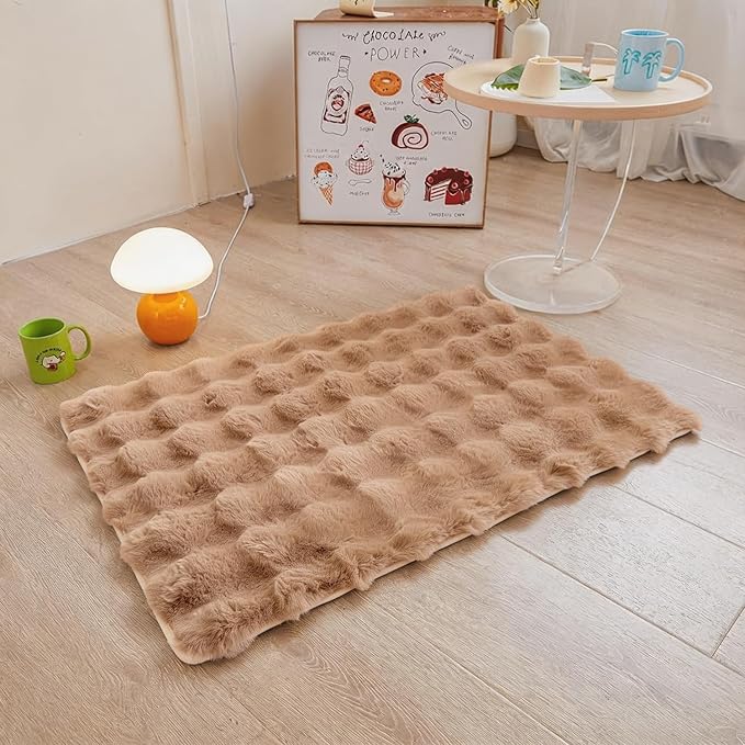 Coffee Rabbit Plush Rug 2'x3', Fluffy Shaggy Area Rug for Nursery & Kids Room, Faux Fur Carpet for Girls Bedroom, Living Room, Teen Decor