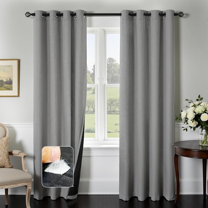 DriftAway Blackout Soundproof Thermal Insulated Linen Textured Curtains with Quilted Thermal Lining for Cold and Heat Blocking Noise Reducing Daytime Sleep 1 PC 52 Inches by 96 Inches Gray