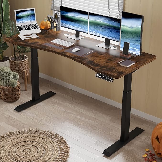 Dual Motor 63x30 Height Adjustable Electric Standing Desk,Height Stand Up Computer Desk,Sit and Stand Home Office Desk with Splice Board,(Rustic Brown Top, Black Frame)