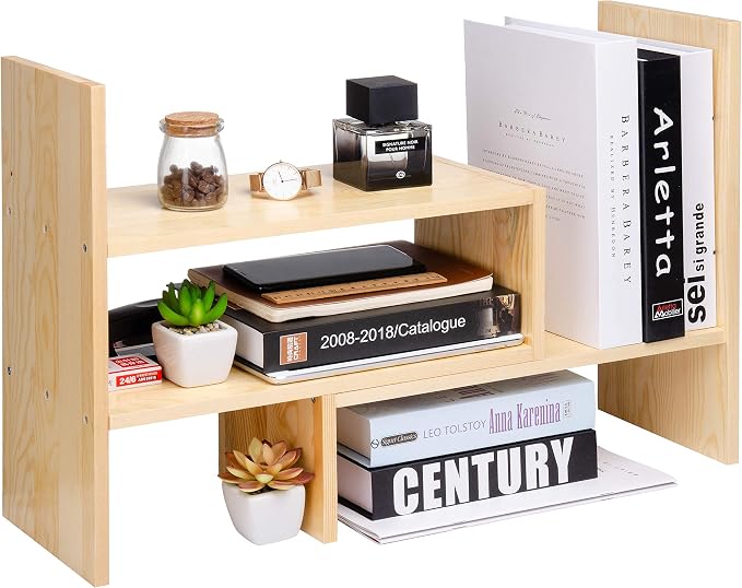 Desktop Organizer Office Storage Rack Adjustable Natural Wood Display Book Shelf Stand Rack Wood Caddy Desk Organizer Set Office Storage Expandable Tabletop