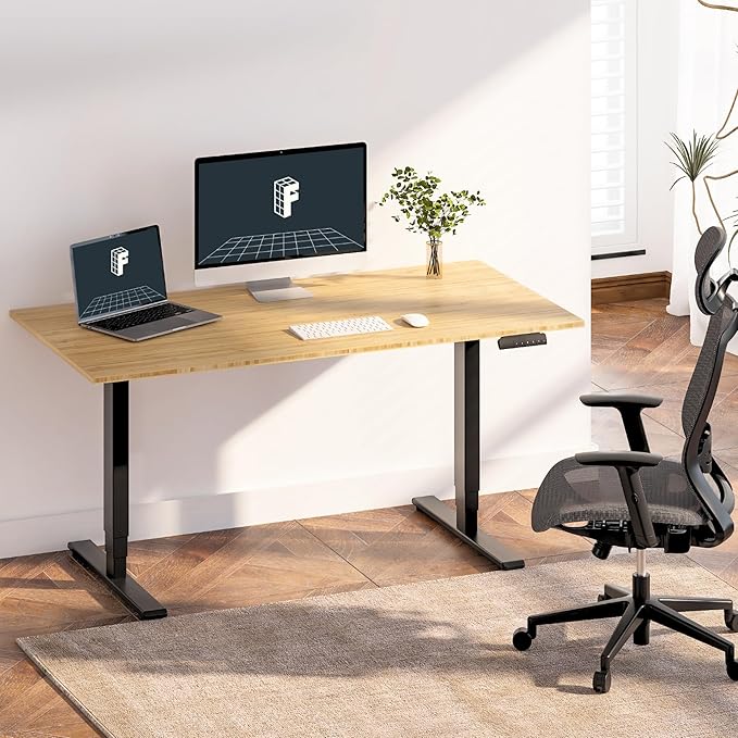 Pro Bamboo 3 Stages Dual Motor Electric Standing Desk 48x24 Inches Whole-Piece Desk Board Height Adjustable Desk Electric Stand Up Desk Sit Stand Desk(Black Frame + Bamboo Desktop)