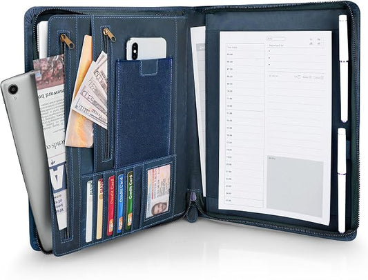 JinRuiKJ Full Grain Leather Portfolio with Zipper, Professional Business Organizer for Men Women, Executive Resume Folder with A4 Notepad Holder, Card Slots, Pen Loop, 10x13'', Luxury Gift Set (Blue)