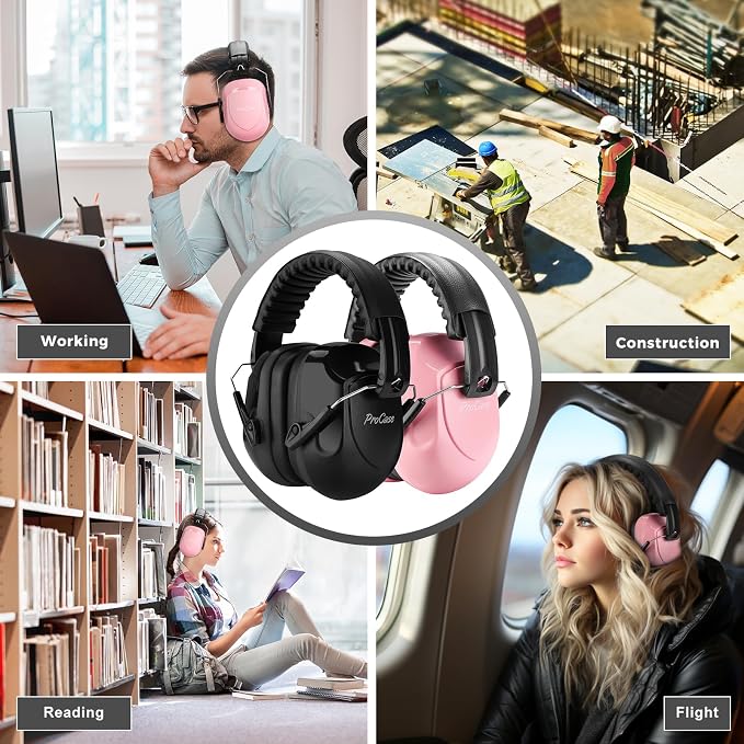 ProCase NRR 28dB Noise Reduction Ear Muffs, Foldable Adjustable Passive Noise Cancelling Headphones for Adults Kids Autism, Hearing Protection for Shooting, Construction -2 Packs, Pink & Black