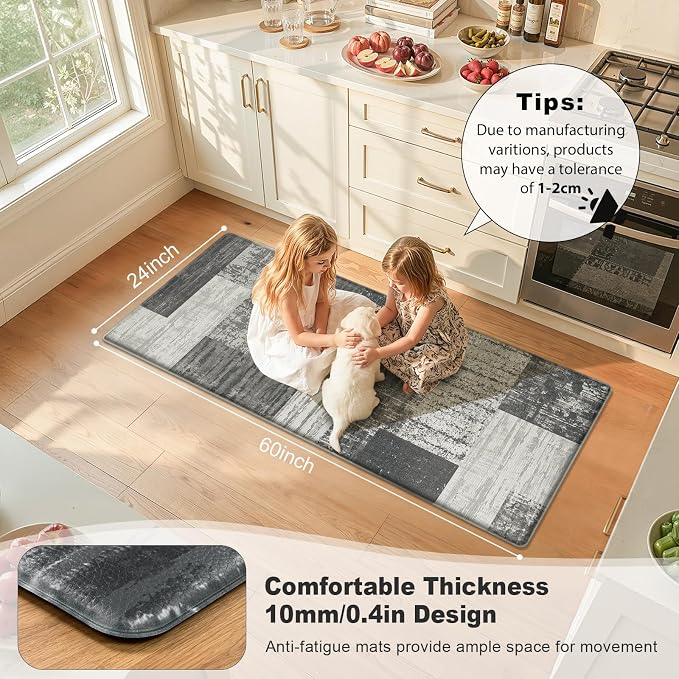 LOKHOM Anti Fatigue Kitchen Mats for Floor, 24x59 Non Slip Modern Cushioned Standing Comfort Kitchen Runner Rug, Waterproof Geometric Patchwork Memory Foam Padded for Sink Laundry Office, Grey