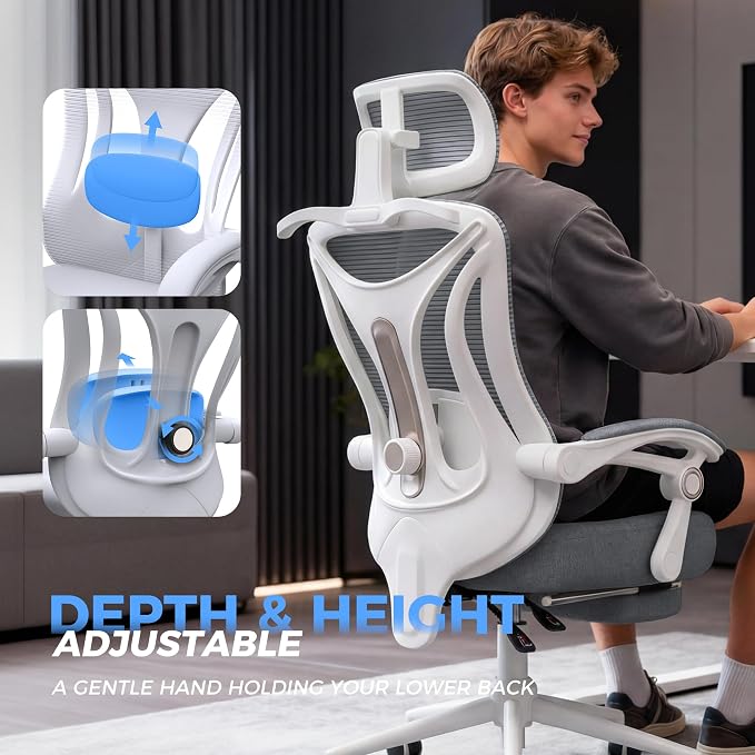 Ergonomic Office Chair with Footrest - Adjustable Lumbar Support & Headrest, 90-160° Reclining Mesh Back Computer Chair - Home Office/Gaming, 350lbs Capacity