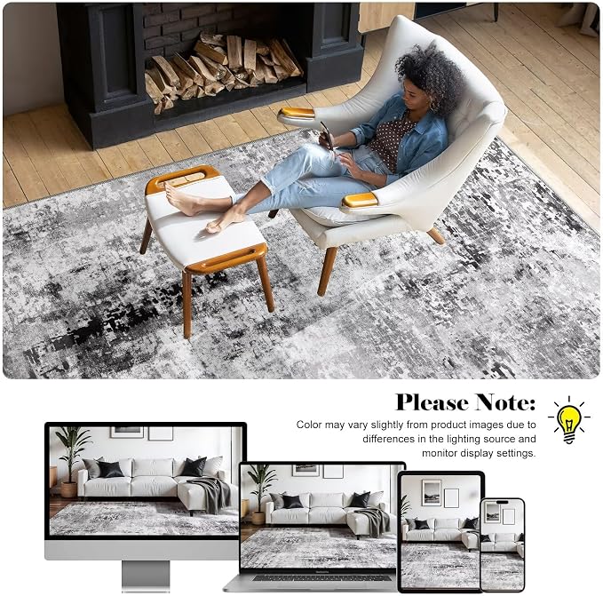 Macgace Washable Abstract Rug, 5x7 Modern Area Rugs with Non-Slip Rubber Backed for Living Room, Thin but Soft Contemporary Carpet Kitchen Bedroom Dining Room Decor, Dark Grey