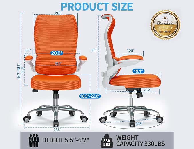 TRALT Ergonomic Office Chair- Desk Chair with Adjustable Lumbar Support | Big and Tall Back Ergonomic Desk Chair - Home Office Mesh Chairs and PU Leather Seat for Home Reading to Adults(Orange)