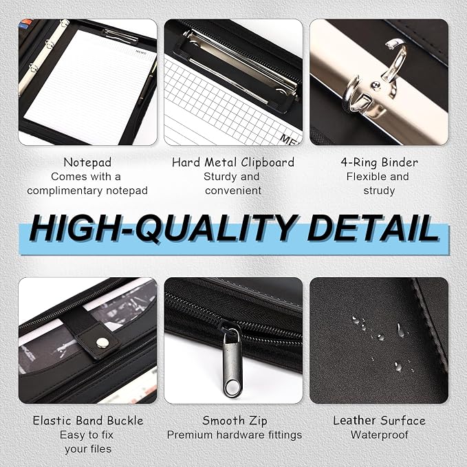 Eshow Portfolio Organizer - 3 Ring Binder with Zipper, Vegan Leather Business Padfolio Folder with Notepad Includes 5 Clear Sheet Protectors for Documents Files for Men Women