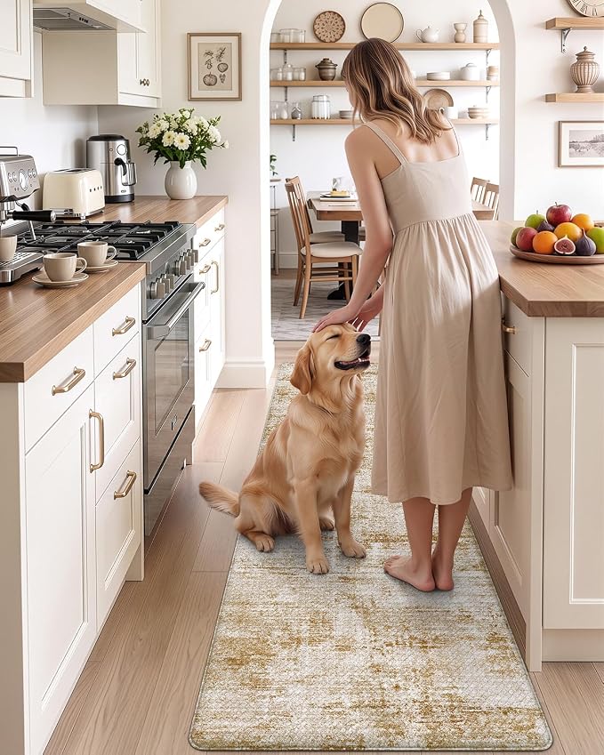 DEXI Kitchen Mats Cushioned Anti Fatigue, 23x86 Floor Padded Runner Rug Non Slip, Waterproof Standing Comfort Memory Foam for Front Sink Laundry, Light Brown
