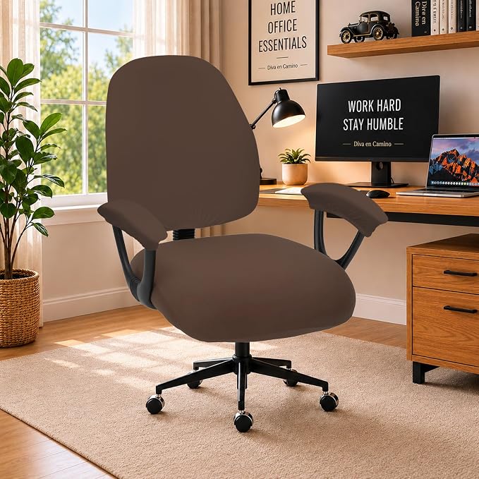 Super Stretchable Split Office Chair Seat Covers & Armrest Covers - Universal Spandex Computer Chair Slipcover - 180GSM Rotating Backrest Coverings Cushion Protectors for Dogs, Cats, Pets (Mocha)