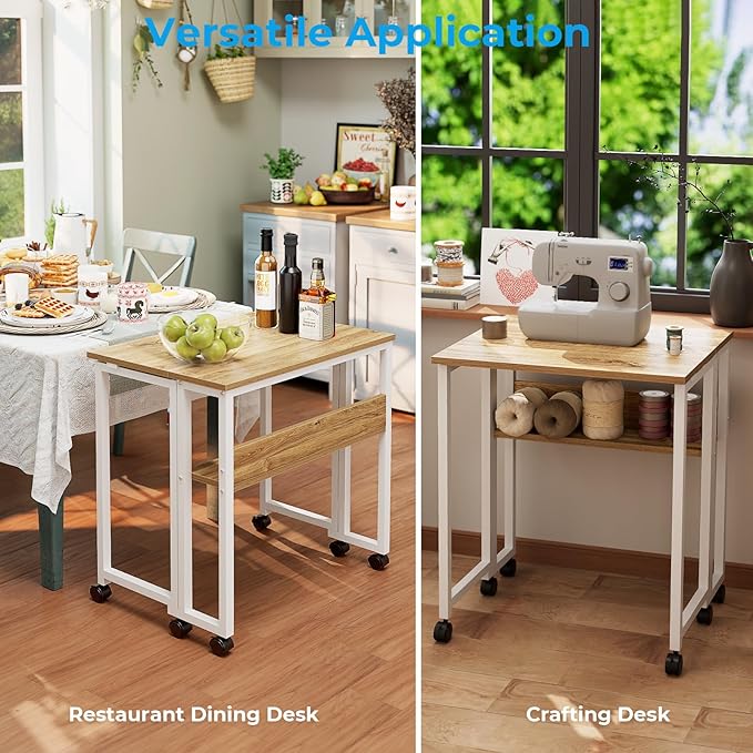 GreenForest Folding Desk Small Rolling Desk with Storage Shelf,31.5 inch Foldable Computer Desk with Wheels for Small Space, Easy Assembly,Oak