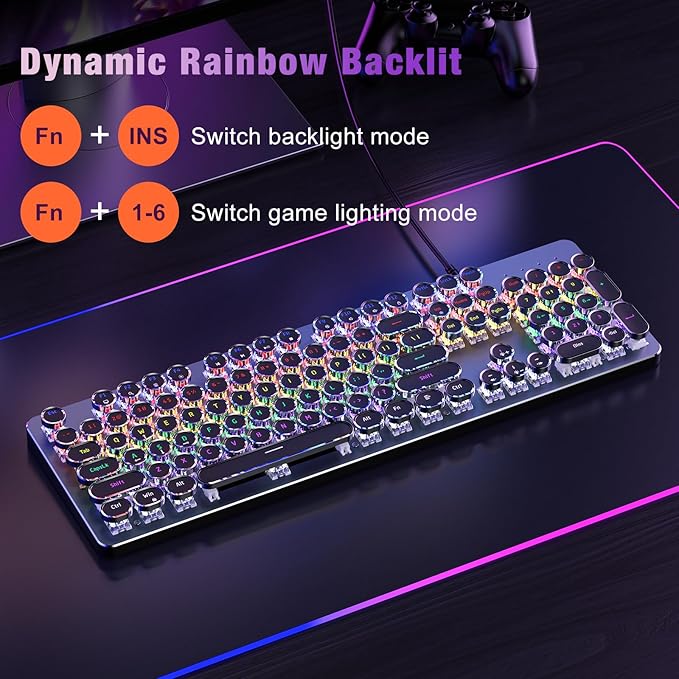 RisoPhy Typewriter Style Mechanical Gaming Keyboard, Metal Panel, Retro Punk Round Keycaps, Clicky Blue Switch, Rainbow LED Backlit, 104 Keys Wired Keyboard, Round Keycaps for PC Laptop Mac Gamer