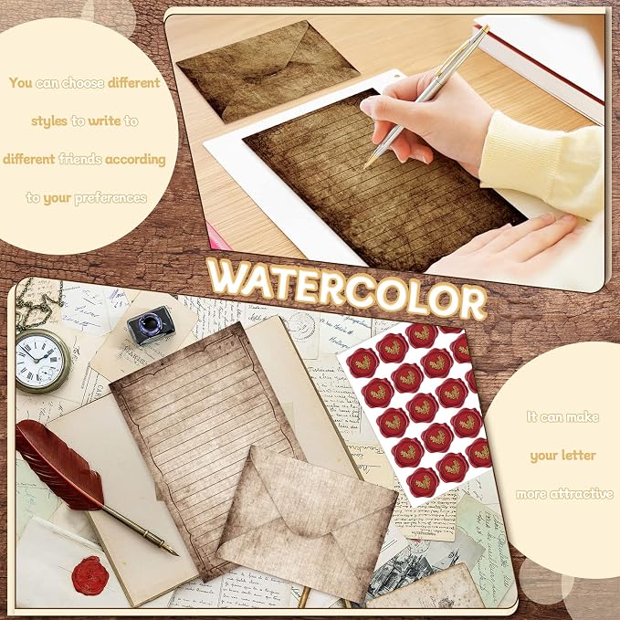 TaoBary 160 Pcs Stationery Paper Set 50 Double Sided Stationery Papers with 50 Matching Envelopes and 60 Round Dot Sticker, 10 Design(Vintage,8.5 x 11 Inch)