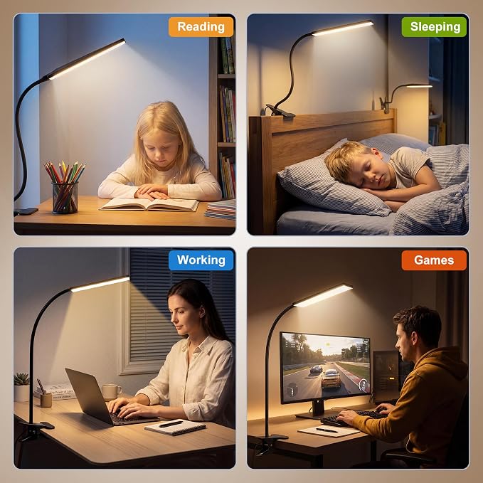 Vansuny Clip on Light LED Desk Lamp with Eye-Caring LED Light and Metal Clip, 6 Level Brightness 3 Color Modes, Power by USB Port 5W Adjustable Neck Reading Lamp for Home and Office (5W, Black)