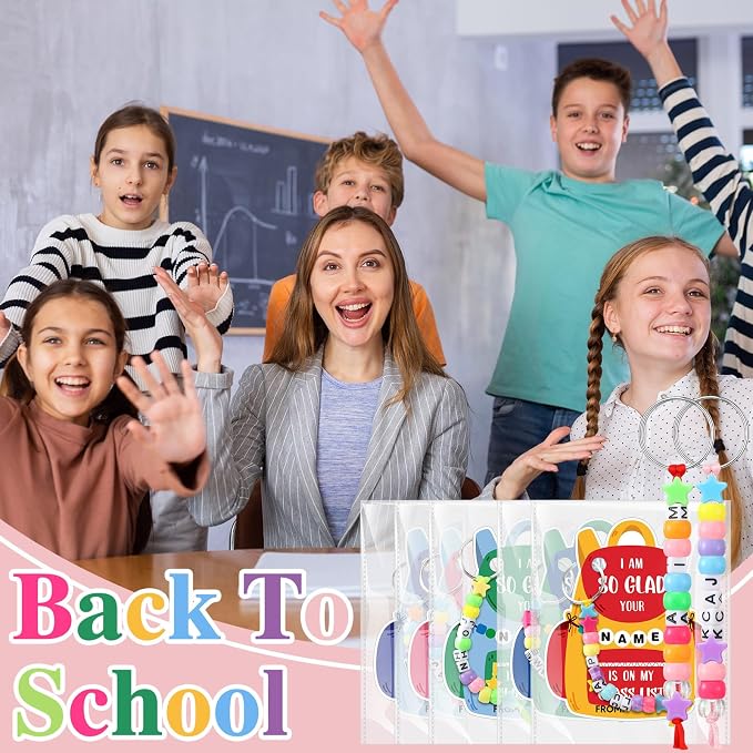 Cunno 1446 Pcs 36 Set Back to School DIY Bead Keychain Making Kit Key Chain Crafts Alphabet Bead Jewelry Key Ring Welcome First Day of School Gift Swaps Graduation Party Favors(Bright Cute)