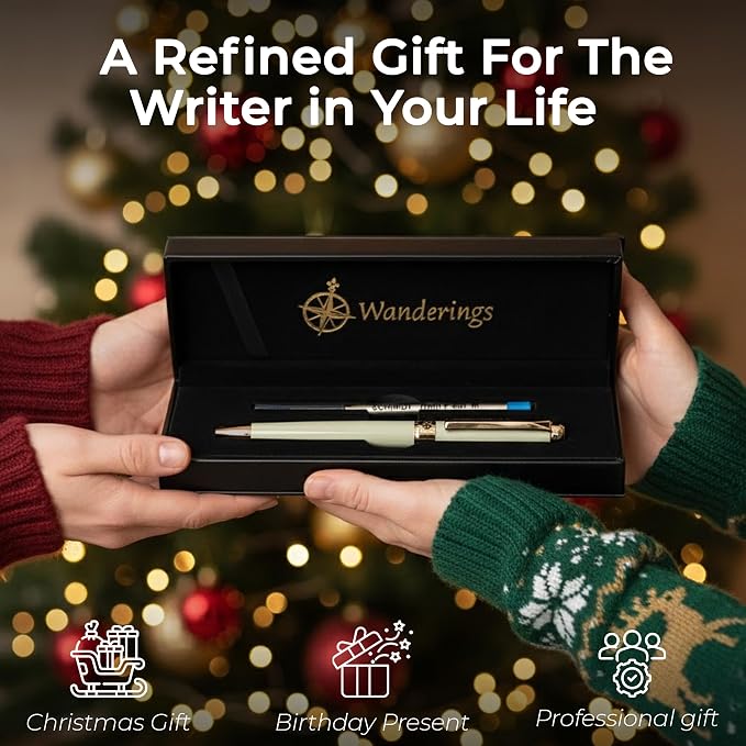 WANDERINGS Premium Ballpoint Pen with German Ink – Perfectly Balanced for a Superb Writing Experience, 24K Gold Plated Green Soft Sage Green- Includes a Schmidt Refill in a Giftable Presentation Case