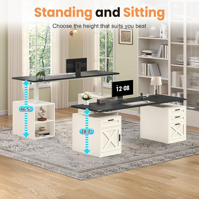 YOMILUVE 60" Farmhouse Electric Standing Desk with Drawers for Home Office | Height Adjustable Computer Desk with 4 Drawers & Storage Shelves, Wood Sit Stand Desk with Power Outlets for Work, Study