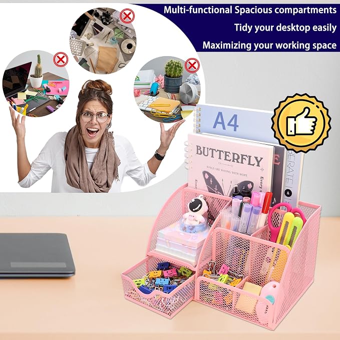 Boutilon Mesh Desk Organizer Desktop Office Supplies Stationary Organizer with 6 Compartments and 1 Drawer Multi-Functional Caddy Pen Holder for Home Office School Desk Decor(Pink)