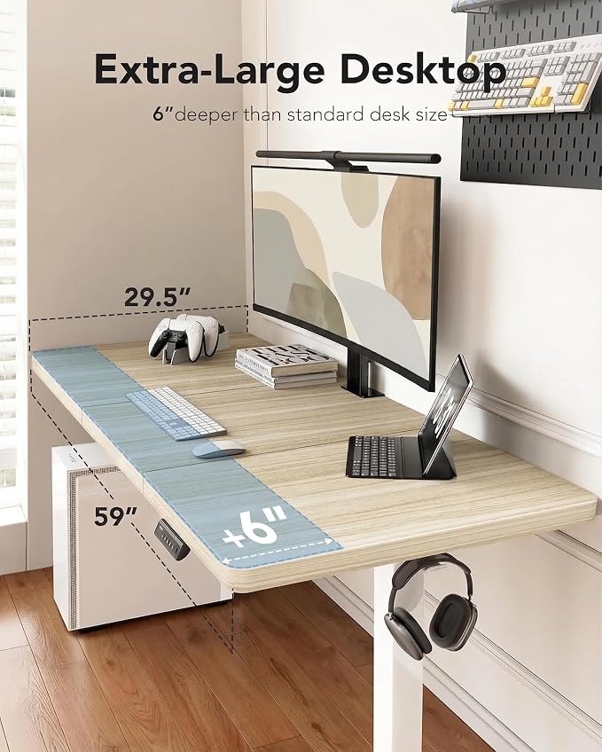 HUANUO 60 x 30 inch Large Standing Desk, Powerful Brushless Motor Large Height Adjustable Table, 4 Memory Preset Stand Up Work Station Sit Stand Desk, Home Office with Thick T-Shaped Frame,Natural