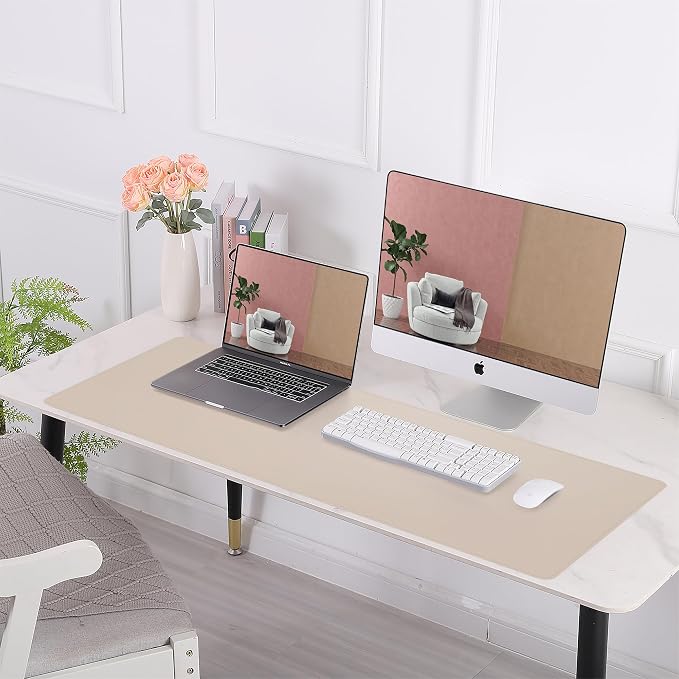 AFIING Leather Desk Mat, Beige, 31.5" x 17",Desk pad Protector | Dual-Sided Cork & PU Leather, Large Mouse Pad, Non-Slip & Waterproof