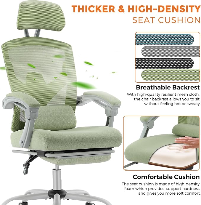 Sweetcrispy Office Computer Desk Chair Set of 2, Ergonomic High-Back Mesh Rolling Work Swivel Chairs with Wheels, Comfortable Lumbar Support, Comfy Arms for Home, Bedroom, Study, Student, Green