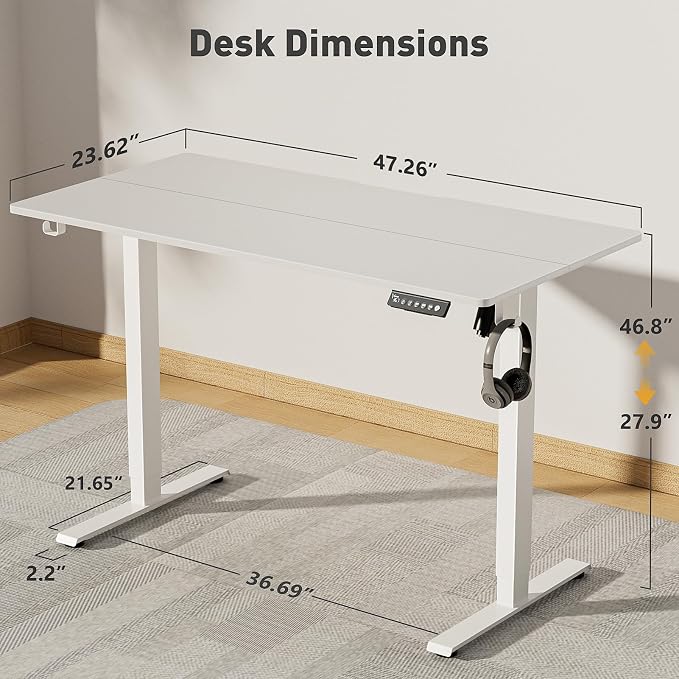 48x24 in Electric Standing Desk,Adjustable Height with Wheels,White | Spliced Desktop,27.9"–46.8" Height Range,4 Memory Presets,Lockable Wheels,Headphone Hook,Sit Stand Desk,Home Office