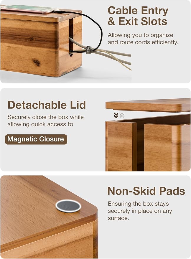 TIDITA Set 2 Sizes Wooden Cable Management Box Round Edge, Magnetic Lid | Large & Small Size, Cable Slots, Magnetic Lid, Non-Skid Pads, Solid Acacia Wood, Wooden Power Strip Box, Surge Protector Box