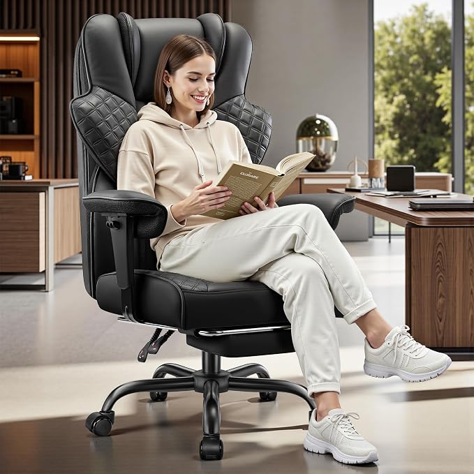 FelixKing Big and Tall Office Chair 500lbs - Ergonomic Desk Chair with Footrest, Scratch-Resistant PU Leather Computer Chair, 4D Lumbar Support Gaming Chair, Comfy Reclining Swivel Work Chair, Black