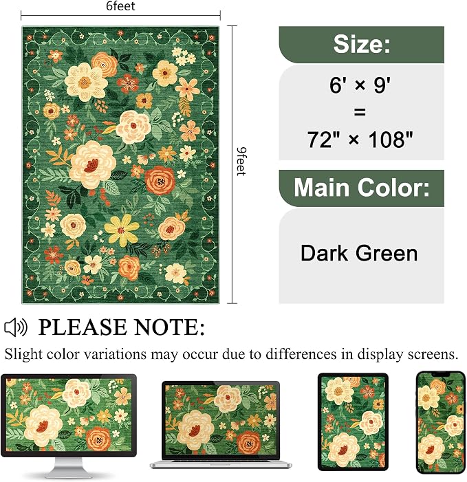 DUKINO 6x9 Area Rug, Floral Rugs for Living Room, Lightweight Non Slip Washable Rug, Indoor Low Pile & Non-Shedding Boho Design Rugs for Bedroom, Living Room, Dining Room, Dark Green