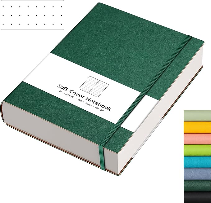 AHGXG Dotted Journal - 320 Pages Dot Grid Notebook B5 Large Journal, 100gsm Thick Dotted Paper, Leather Softcover, with Journal Stencils, Inner Pocket, 7.6'' X 10'', Dark Green