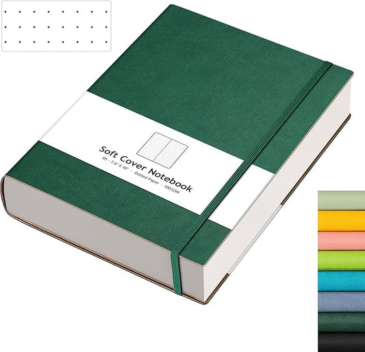 AHGXG Dotted Journal - 320 Pages Dot Grid Notebook B5 Large Journal, 100gsm Thick Dotted Paper, Leather Softcover, with Journal Stencils, Inner Pocket, 7.6'' X 10'', Dark Green