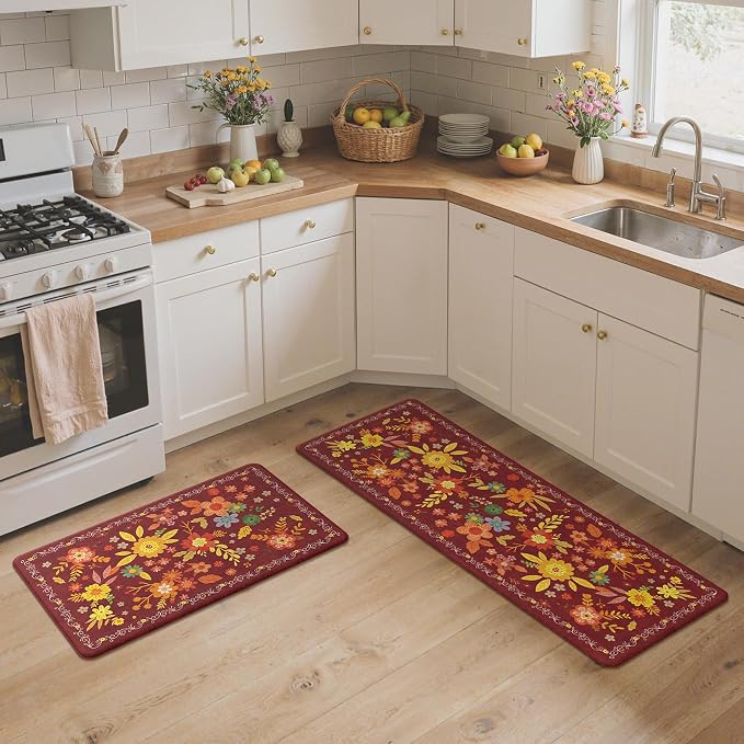 GENIMO Anti Fatigue Kitchen Mats for Floor 2PCS, Cushioned Standing Mats | 17.3"x47"&17.3"x30", Red vintage floral rug set, waterproof, non slip, easy-clean for farmhouse