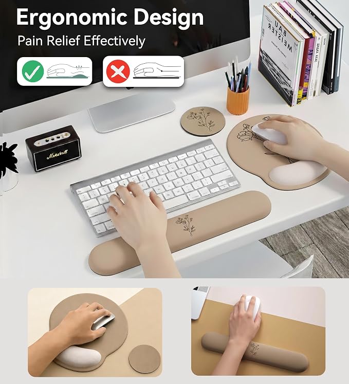 Mouse Pad with Keyboard Wrist Rest,Ergonomic Mouse Pad Wrist Support PU Base with Coaster,Mousepad with Nonslip Base for Computer Laptop Keyboard Home&Office