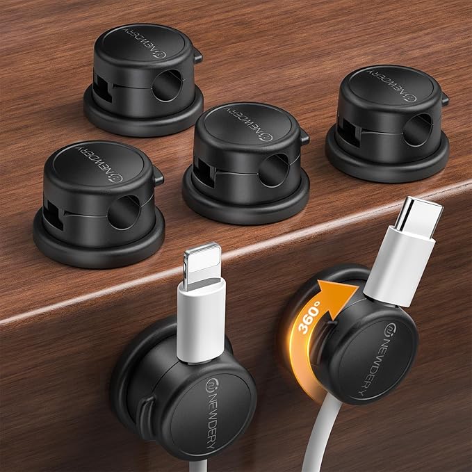 NEWDERY 6pc Magnetic Cable Clips Cord Organizer Cord Holder for Nightstand | Desk Cable Management,360° Rotatable,3M Adhesive Wire Holder,for Home Office Desk Phone Charger Car Wall Nightstand,Black