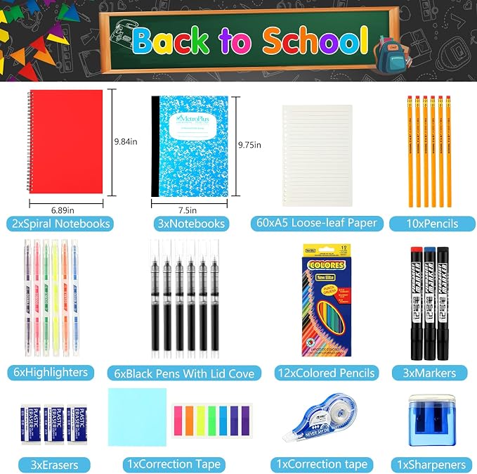 Gilprop 108 Pcs Middle High School Supplies Kit Back to School Supplies for Student 7-12 Grades Essentials Bundle Box Calculator Pencils Compass Notebook Pens(Colorful)