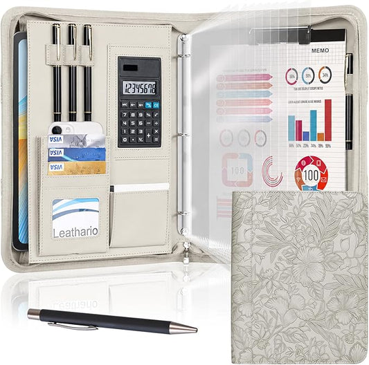 Leathario Portfolio Binder, Includes 5 Sheet Protectors and a Pen, 13 Inch Tablets Organizer, Vegan Leather A4 Padfolio, Multi-Pocket Notepad Business Planner Professional Document