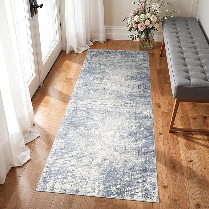 2x6 Hallway Washable Runner Rug - Non-Slip Kitchen Rugs with Rubber Backing Abstract Neutral Low-Pile Carpet Runners for Laundry Room Home Decor Bedroom Bathroom Entryway (Blue Gray,2x6)