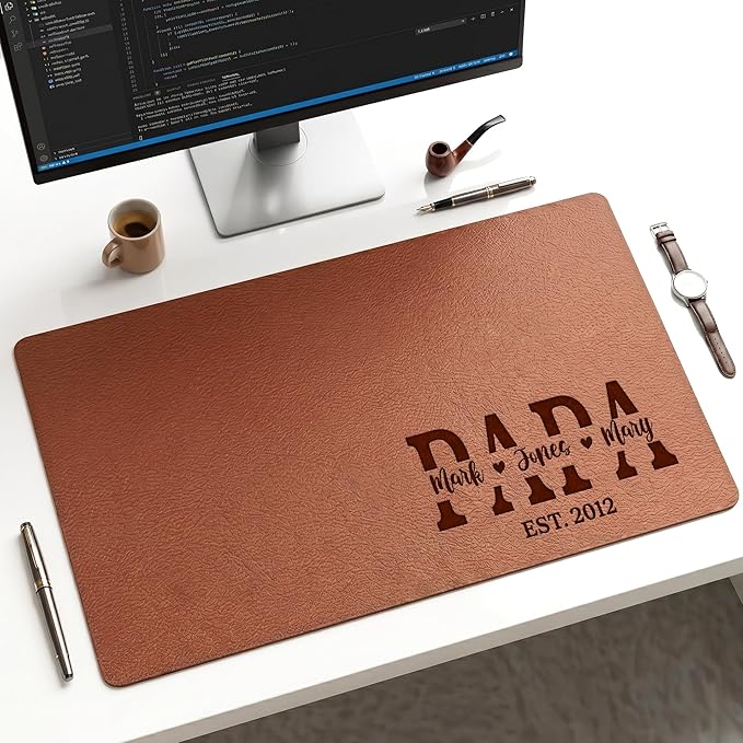Personalized Leather Desk Mat for Dad, Engraved Kids Name Large Mouse Pad, Non-Slip PU Leather Blotter, Fathers Day Desk Mat