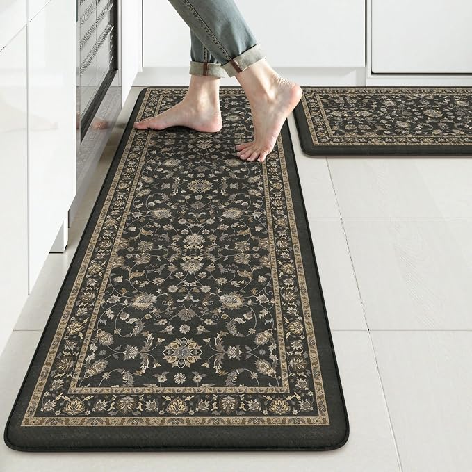 KIMODE Kitchen Floor Mats Anti Fatigue,Cushioned Kitchen Sink Rug | 17.3"x47"+ 17.3"x29",Dark Grey,Memory Foam Ergonomic Standing Mat Waterproof for Laundryroom Sink Home Office