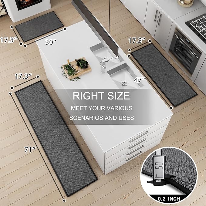 SUMLANS Kitchen Mat Set of 2 PCS, Cushioned Non Slip Rugs for Kitchen Floor, Absorbent Runner Comfort Standing Mats Washable for Kitchen, Office, Home, 17.3"x47"+17.3"x30" (Black)