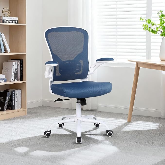 Flysky Mesh Office Chair, Ergonomic Computer Desk Chairs for Home Office - with Comfy/Comfortable Flip-up Arm Rests, Lumbar Support, Height Adjustable, 360 Degree Rolling Swivel (Blue)